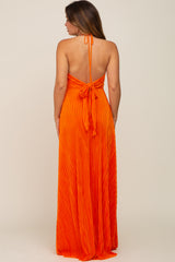 Orange Plisse Halter Back Tie Maternity Maxi Dress