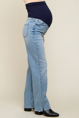 Light Blue Straight Leg Distressed Hem Maternity Jeans