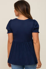 Navy Puff Sleeve Crossover Maternity/Nursing Top