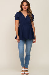 Navy Puff Sleeve Crossover Maternity/Nursing Top