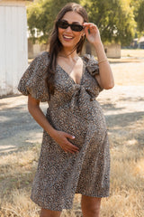 Cream Cheetah Print Knotted Puff Sleeve Maternity Dress