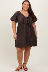 Navy Cheetah Print Knotted Puff Sleeve Plus Maternity Dress