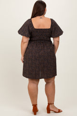 Navy Cheetah Print Knotted Puff Sleeve Plus Dress