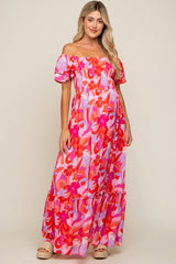 Pink Floral Smocked Ruffle Short Sleeve Maternity Maxi Dress