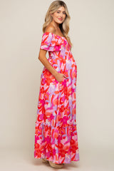 Pink Floral Smocked Ruffle Short Sleeve Maternity Maxi Dress