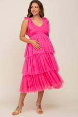 Fuchsia Sleeveless Tiered Tie Strap Tulle Maternity Midi Dress