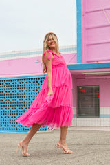 Fuchsia Sleeveless Tiered Tie Strap Tulle Maternity Midi Dress