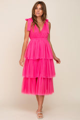 Fuchsia Sleeveless Tiered Tie Strap Tulle Maternity Midi Dress