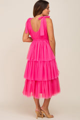 Fuchsia Sleeveless Tiered Tie Strap Tulle Maternity Midi Dress