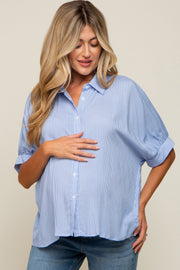 Blue Striped Button Front Collared Short Sleeve Maternity Top