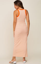 Orange Striped Ribbed Sleeveless Maternity Maxi Dress