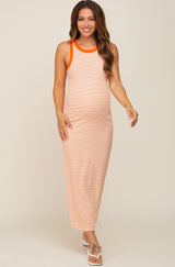 Orange Striped Ribbed Sleeveless Maternity Maxi Dress