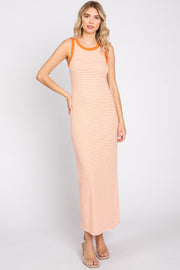 Orange Striped Ribbed Sleeveless Maxi Dress