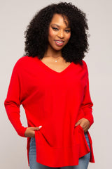 Red Knit Long Dolman Sleeve Top