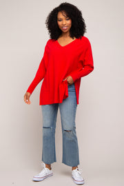 Red Knit Long Dolman Sleeve Top