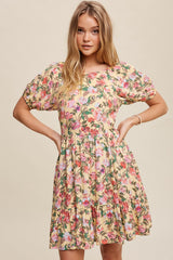 Cream Floral Print Puff Sleeve Dress With Back Tie