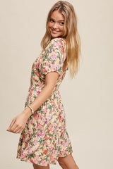 Cream Floral Print Puff Sleeve Dress With Back Tie