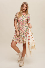 Cream Floral Print Puff Sleeve Dress With Back Tie