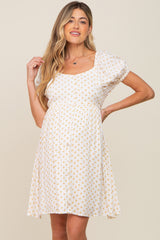 Yellow Floral Dotted Button Front Maternity Dress