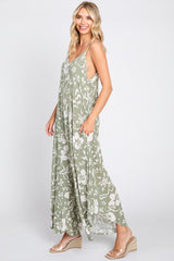 Light Olive Tropical Floral V-Neck Round Hem Midi Dress