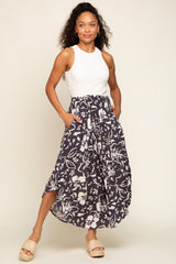 Charcoal Tropical Floral Smocked Waist Round Hem Midi Skirt