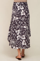 Charcoal Tropical Floral Smocked Waist Round Hem Maternity Midi Skirt