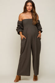 Olive Linen Smocked Off Shoulder Wide Leg Maternity Jumpsuit