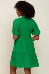 Green Satin Ruffle V-Neck Short Sleeve Dress