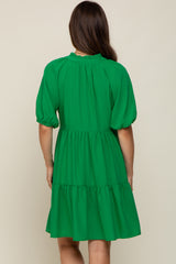 Green Satin Ruffle V-Neck Short Sleeve Maternity Dress