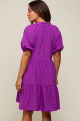 Purple Satin Ruffle V-Neck Short Sleeve Maternity Dress