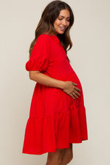 Red Satin Ruffle V-Neck Short Sleeve Maternity Dress