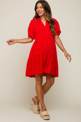 Red Satin Ruffle V-Neck Short Sleeve Maternity Dress