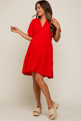 Red Satin Ruffle V-Neck Short Sleeve Maternity Dress