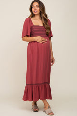 Burgundy Embroidered Smocked Square Neck Open Back Maternity Midi Dress