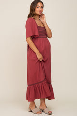 Burgundy Embroidered Smocked Square Neck Open Back Maternity Midi Dress