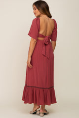 Burgundy Embroidered Smocked Square Neck Open Back Maternity Midi Dress