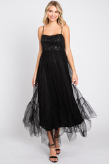 Black Sequin Top Tulle Maternity Midi Dress