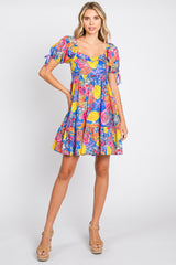 Blue Fruit Print Sweetheart Neck Dress