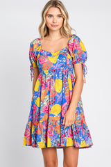 Blue Fruit Print Sweetheart Neck Dress