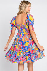 Blue Fruit Print Sweetheart Neck Dress