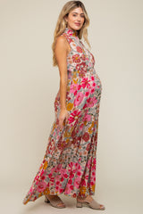 Pink Floral Mock Neck Maternity Maxi Dress