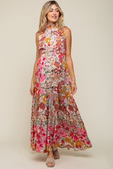 Pink Floral Mock Neck Maternity Maxi Dress