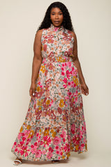 Pink Floral Mock Neck Plus Maxi Dress