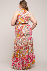 Pink Floral Mock Neck Maternity Plus Maxi Dress