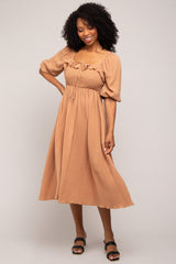 Taupe Gauze Smocked Midi Dress