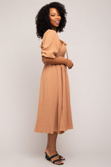 Taupe Gauze Smocked Midi Dress