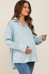 Light Blue Checkered Satin Button Up Maternity Top