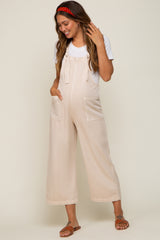 Beige Front Pocket Cropped Maternity Overall