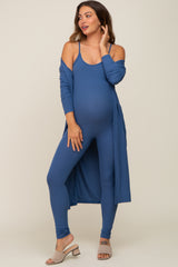 Blue Ribbed Maternity Jumpsuit Set