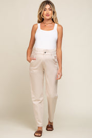 Beige Smocked Waist Straight Leg Maternity Jeans